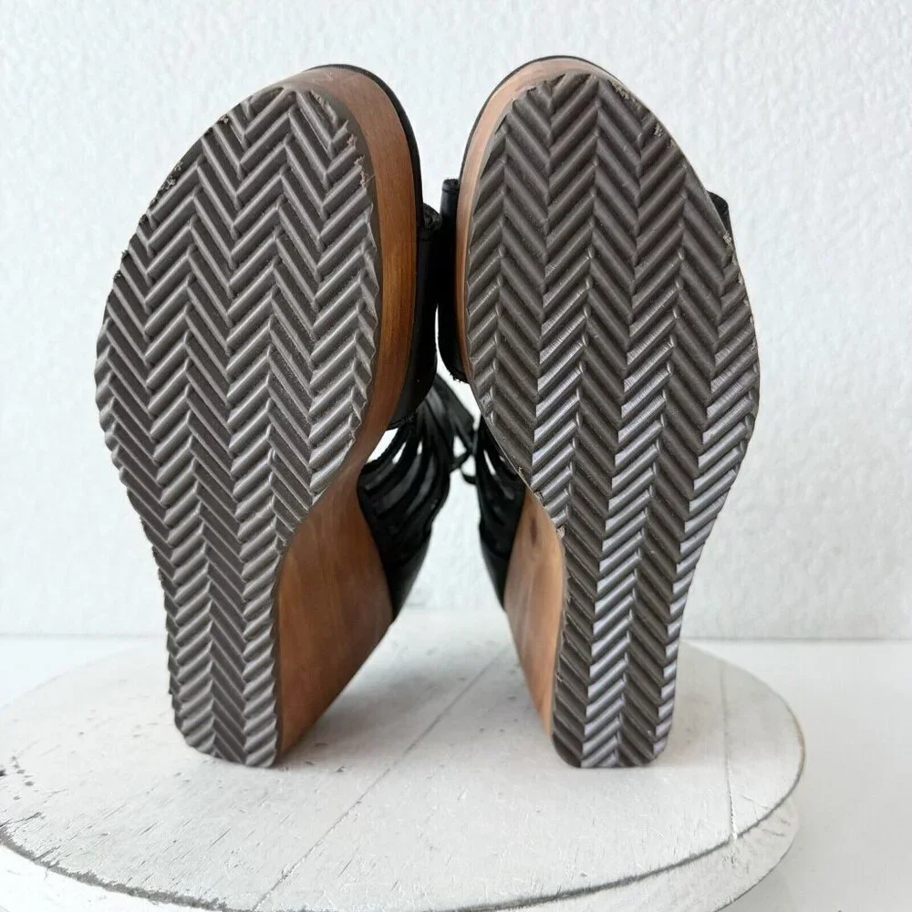 NEW Lane Boots BECCA Womens Black Wedges Western Sandals Leather Wooden Heel 6